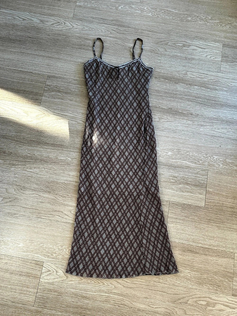 Brown Gray Plaid Midi Slip Dress Lace Trim Womens Small The Workshop pleated